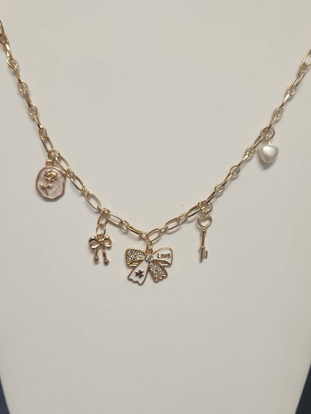 Gold Tone Charm Necklace with Bow, Key & Heart Charms